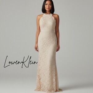 NEW Lulus Womens Size L Lace Halter Sleeveless‎ Formal Maxi Dress Beige Elegant